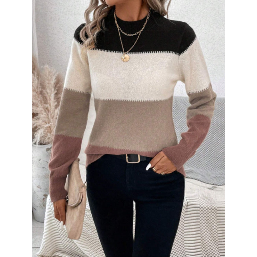 Color Block Mock Neck Long Sleeve Sweater Mocha / S Apparel and Accessories
