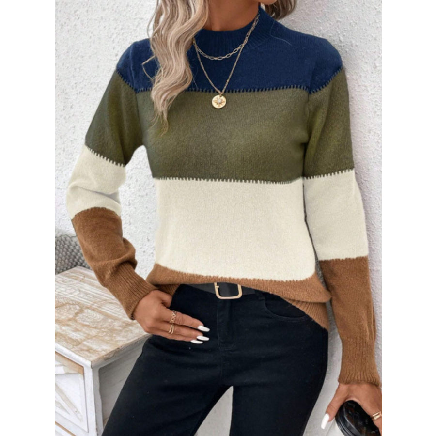 Color Block Mock Neck Long Sleeve Sweater Moss / S Apparel and Accessories
