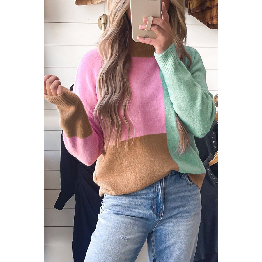 Color Block Mock Neck Ribbed Trim Sweater Apparel and Accessories