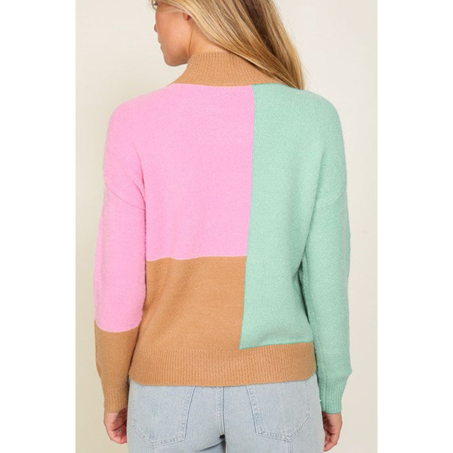 Color Block Mock Neck Ribbed Trim Sweater Apparel and Accessories