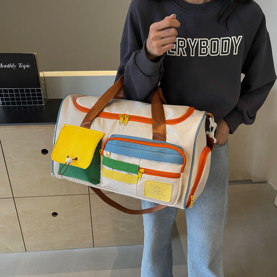 Color Block Multi-Pockets Travel Bag Beige / One Size Apparel and Accessories
