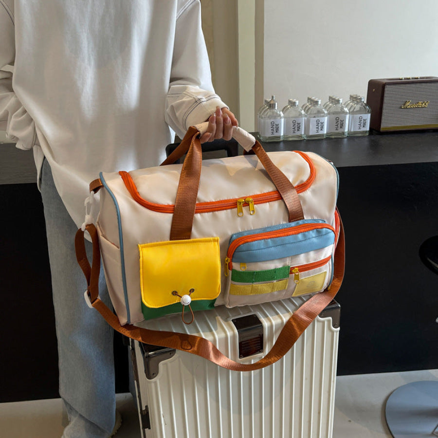 Color Block Multi-Pockets Travel Bag Beige / One Size Apparel and Accessories
