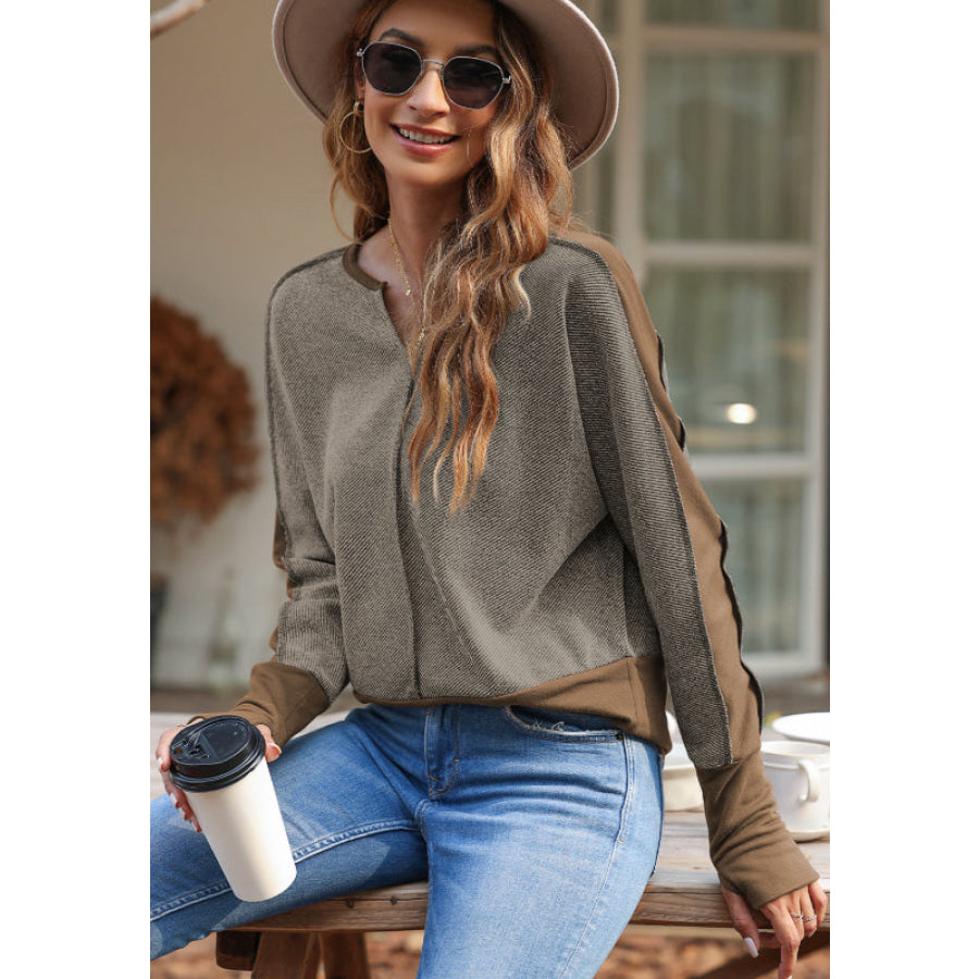 Color Block Notched Long Sleeve Blouse Apparel and Accessories