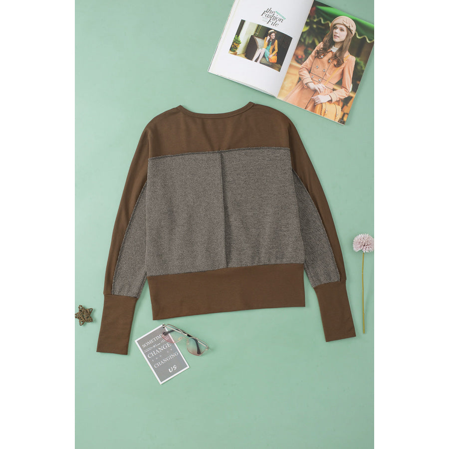 Color Block Notched Long Sleeve Blouse Apparel and Accessories