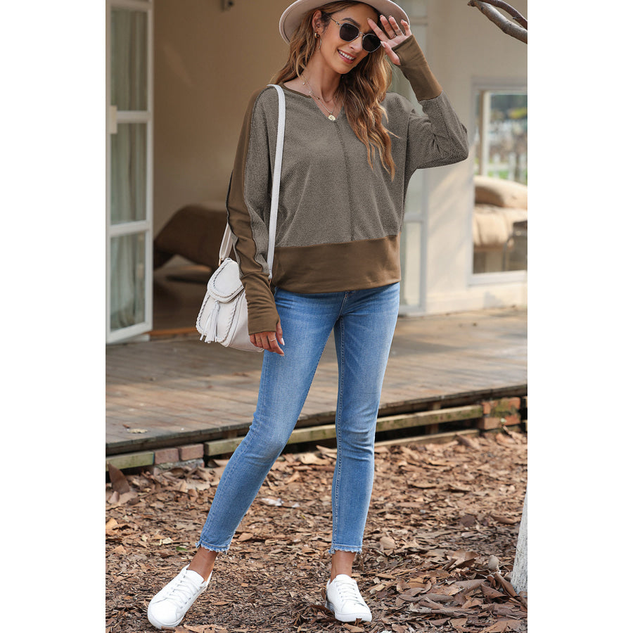 Color Block Notched Long Sleeve Blouse Apparel and Accessories