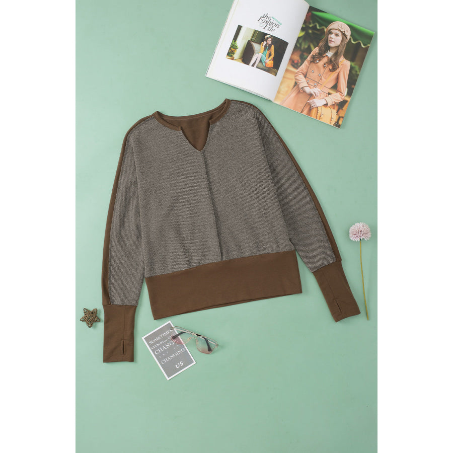 Color Block Notched Long Sleeve Blouse Apparel and Accessories