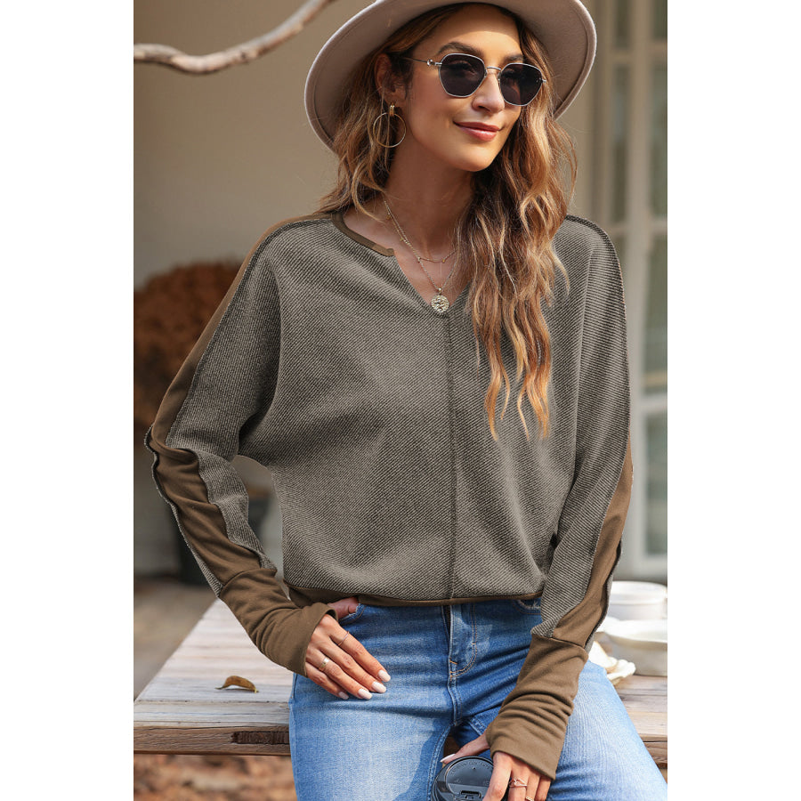 Color Block Notched Long Sleeve Blouse Apparel and Accessories