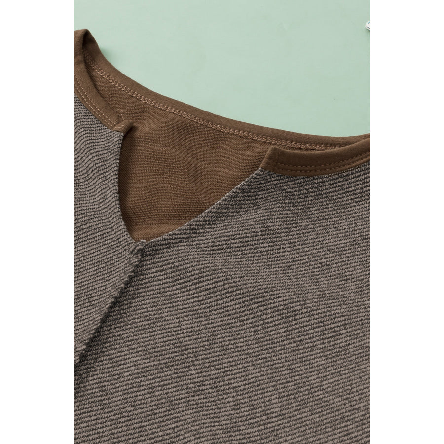 Color Block Notched Long Sleeve Blouse Apparel and Accessories