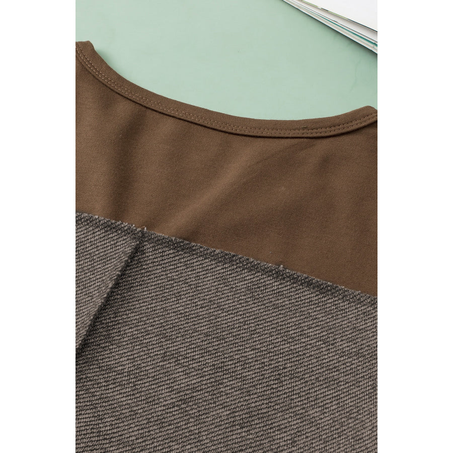 Color Block Notched Long Sleeve Blouse Apparel and Accessories