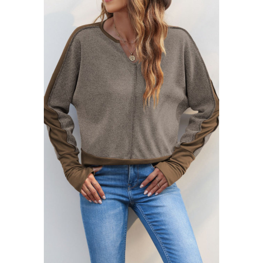 Color Block Notched Long Sleeve Blouse Brown / S Apparel and Accessories