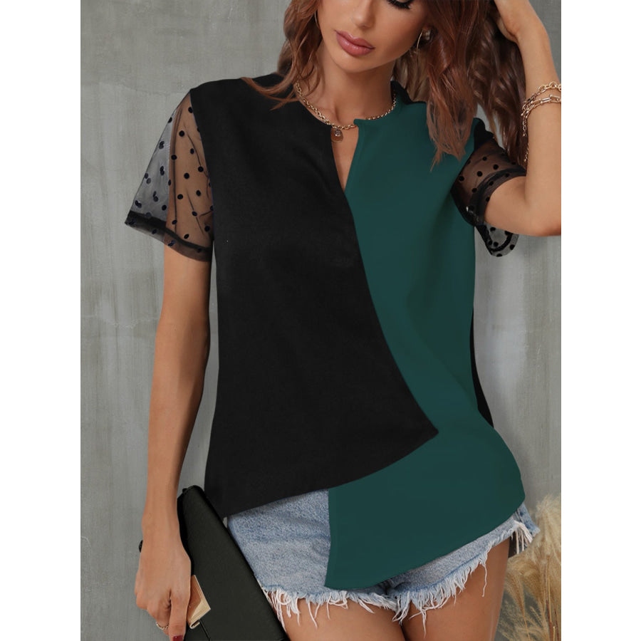 Color Block Notched Short Sleeve T - Shirt Air Force Blue / S Apparel and Accessories