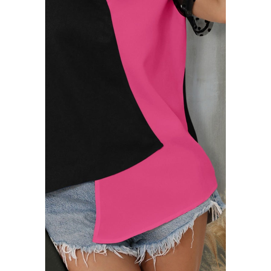 Color Block Notched Short Sleeve T - Shirt Apparel and Accessories