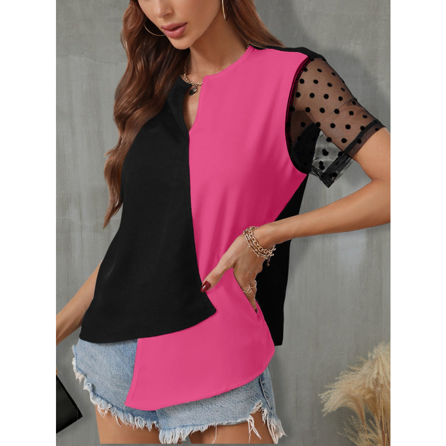Color Block Notched Short Sleeve T - Shirt Apparel and Accessories