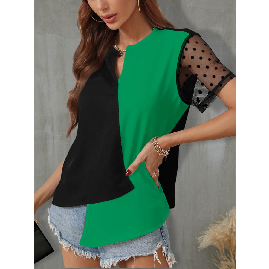 Color Block Notched Short Sleeve T - Shirt Apparel and Accessories