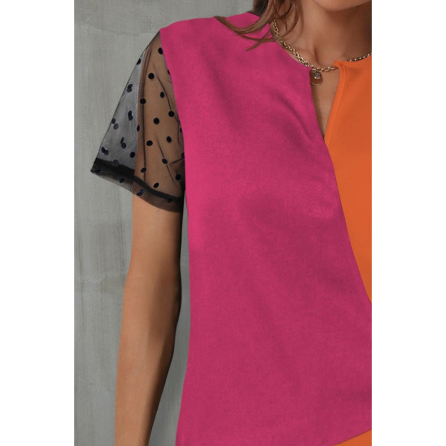 Color Block Notched Short Sleeve T - Shirt Apparel and Accessories