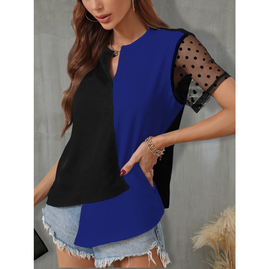 Color Block Notched Short Sleeve T - Shirt Apparel and Accessories
