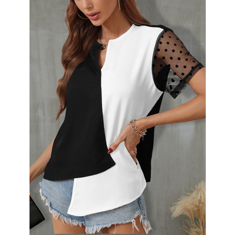 Color Block Notched Short Sleeve T - Shirt White / S Apparel and Accessories