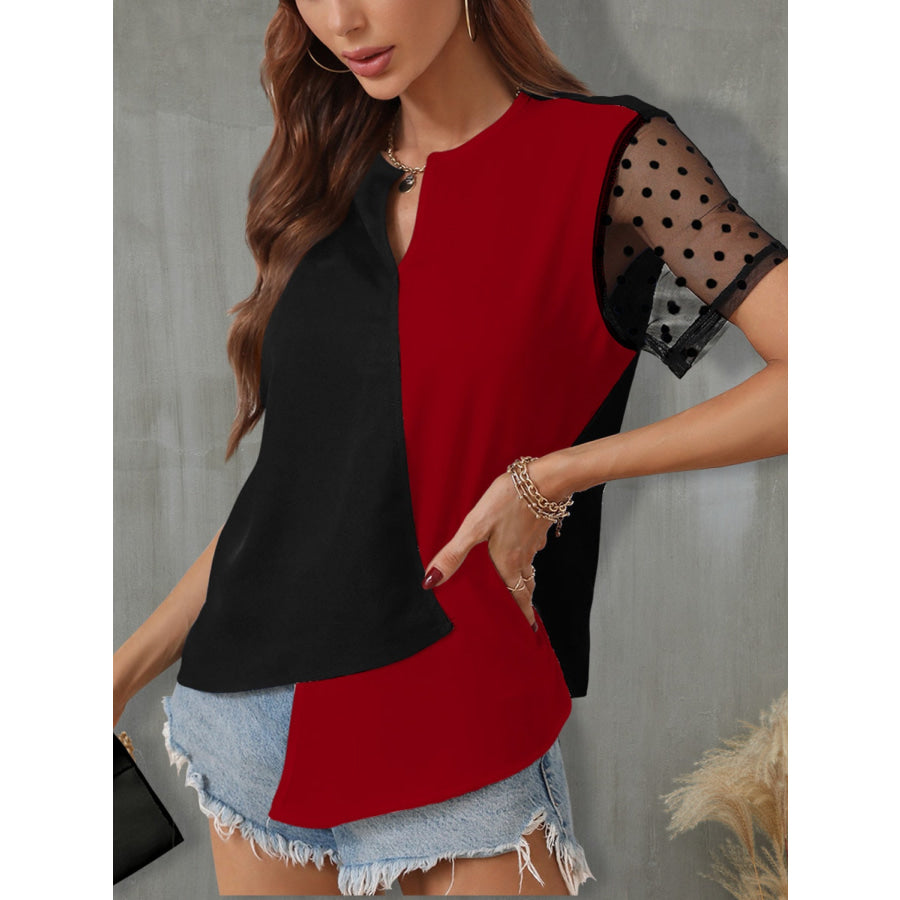 Color Block Notched Short Sleeve T - Shirt Apparel and Accessories