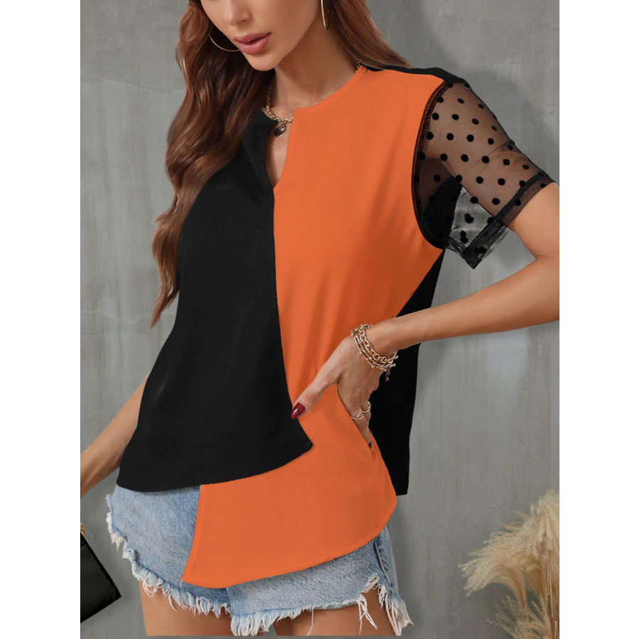 Color Block Notched Short Sleeve T - Shirt Apparel and Accessories