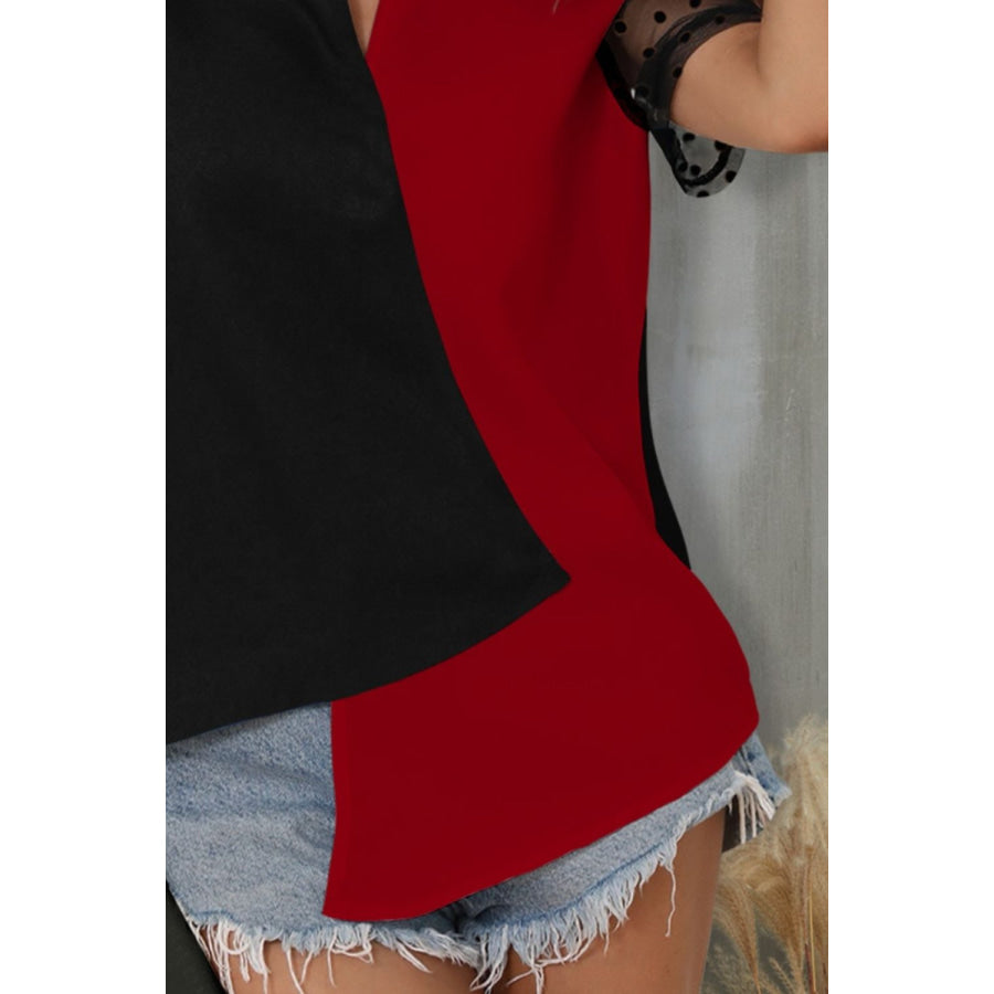 Color Block Notched Short Sleeve T - Shirt Apparel and Accessories