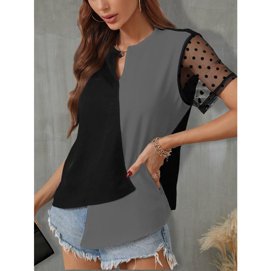 Color Block Notched Short Sleeve T - Shirt Apparel and Accessories