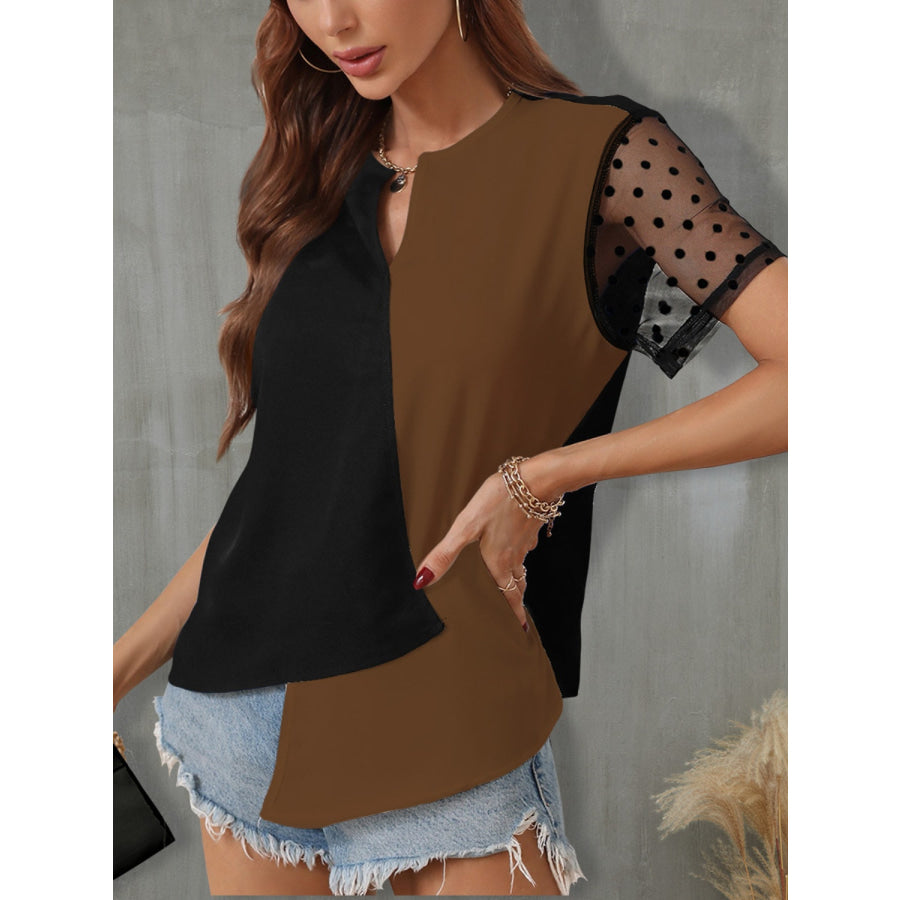 Color Block Notched Short Sleeve T - Shirt Apparel and Accessories