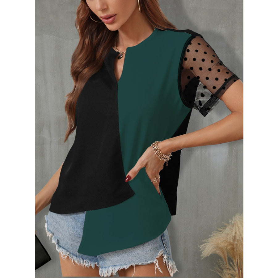 Color Block Notched Short Sleeve T - Shirt Apparel and Accessories