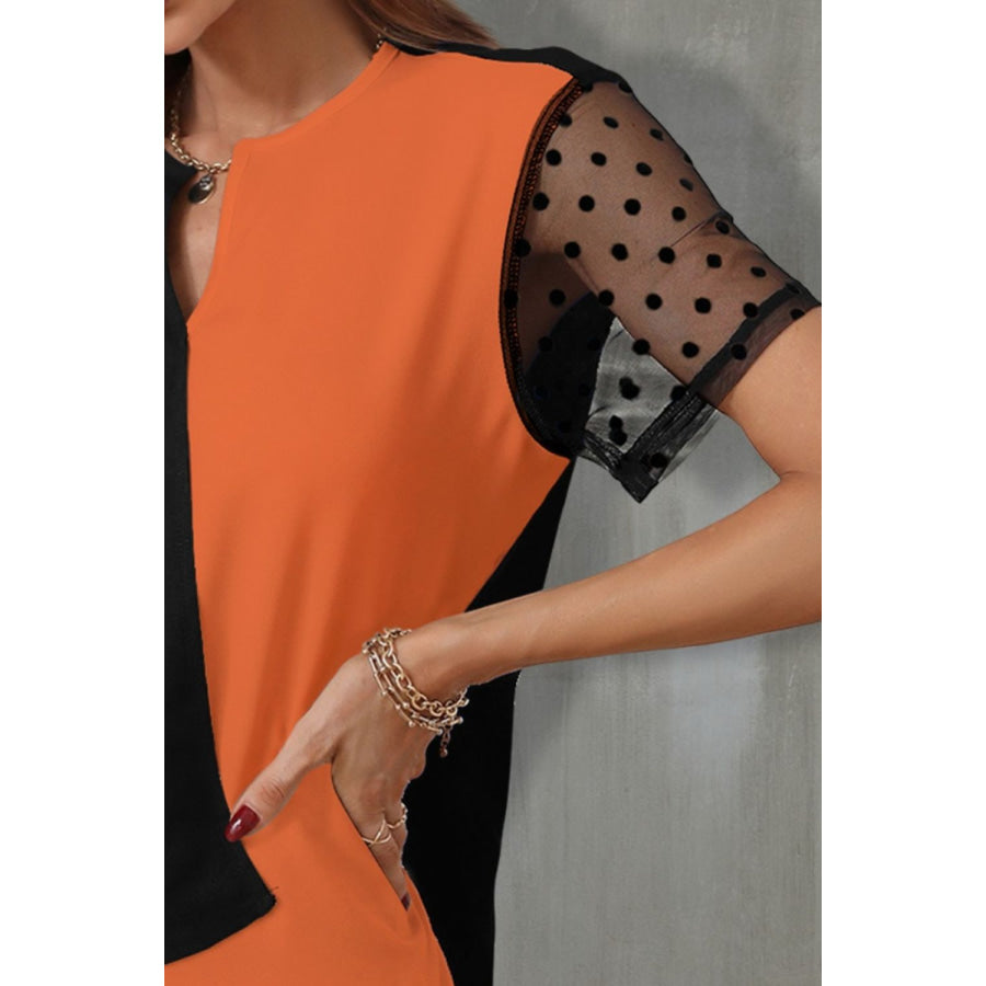 Color Block Notched Short Sleeve T - Shirt Apparel and Accessories