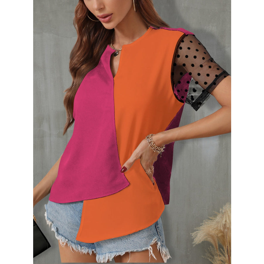 Color Block Notched Short Sleeve T - Shirt Apparel and Accessories