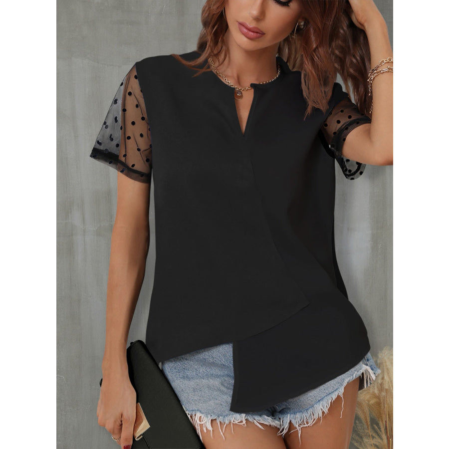 Color Block Notched Short Sleeve T - Shirt Black / S Apparel and Accessories