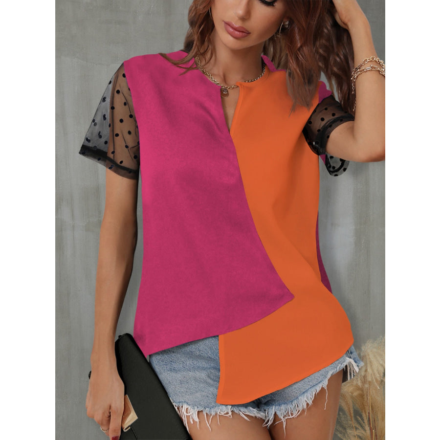 Color Block Notched Short Sleeve T - Shirt Cerise / S Apparel and Accessories