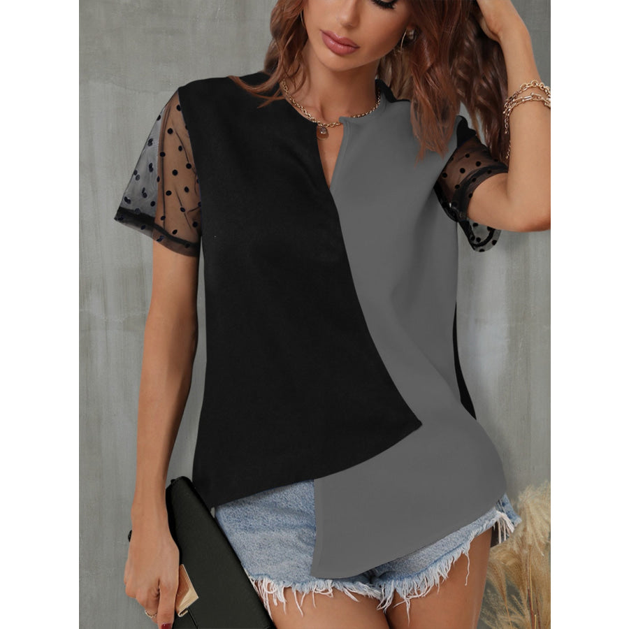 Color Block Notched Short Sleeve T - Shirt Charcoal / S Apparel and Accessories