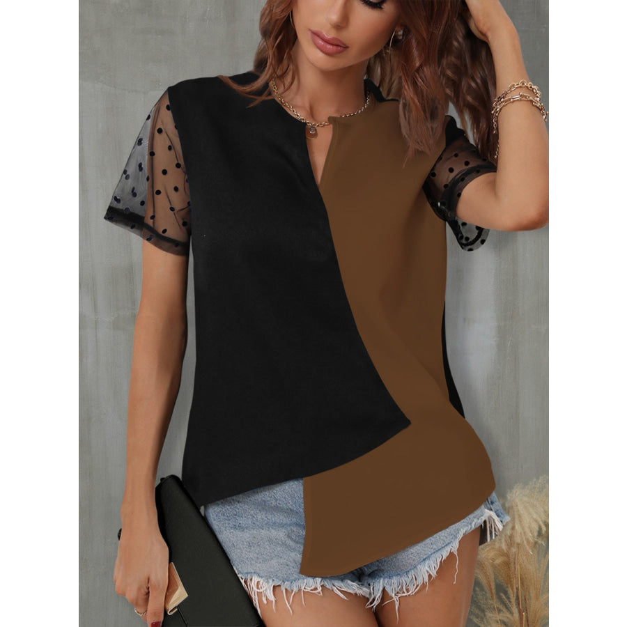 Color Block Notched Short Sleeve T - Shirt Coffee Brown / S Apparel and Accessories
