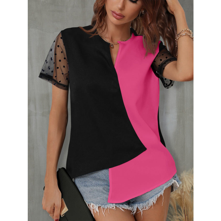 Color Block Notched Short Sleeve T - Shirt Hot Pink / S Apparel and Accessories