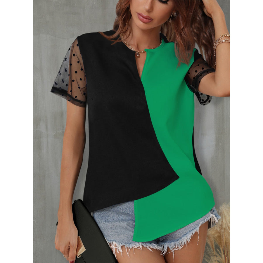 Color Block Notched Short Sleeve T - Shirt Mid Green / S Apparel and Accessories