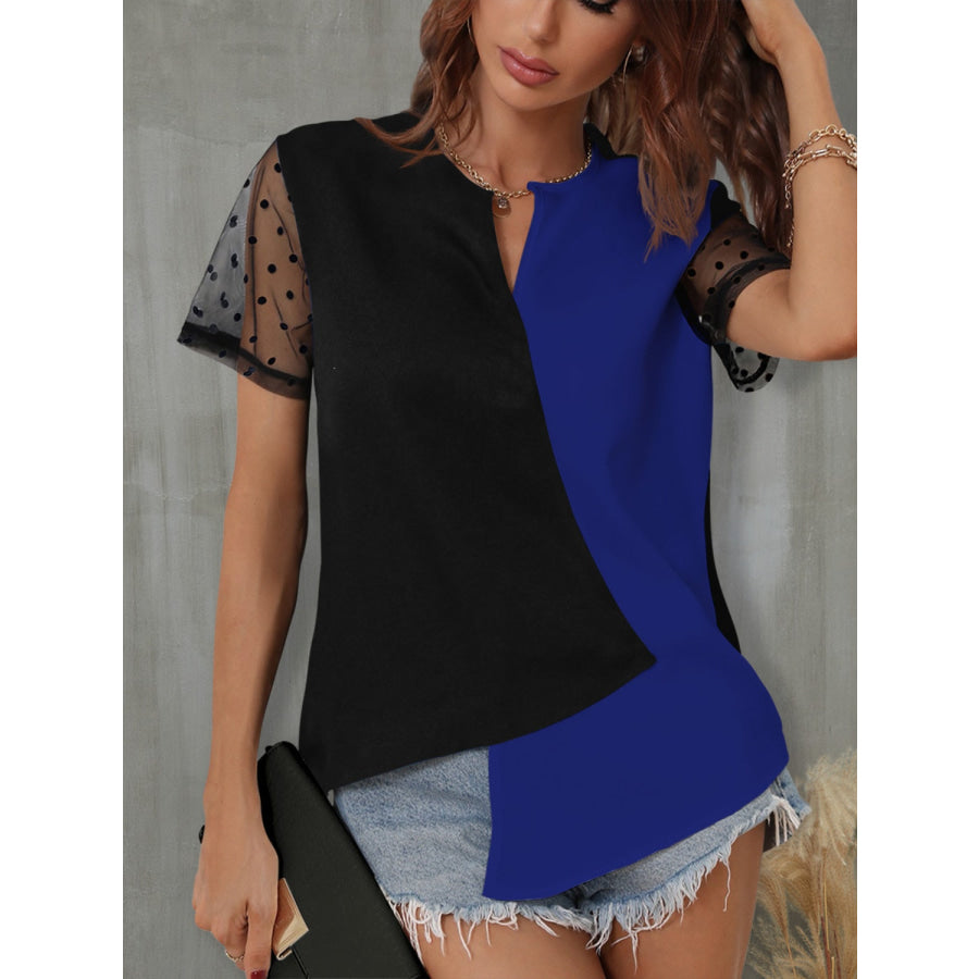 Color Block Notched Short Sleeve T - Shirt Navy / S Apparel and Accessories