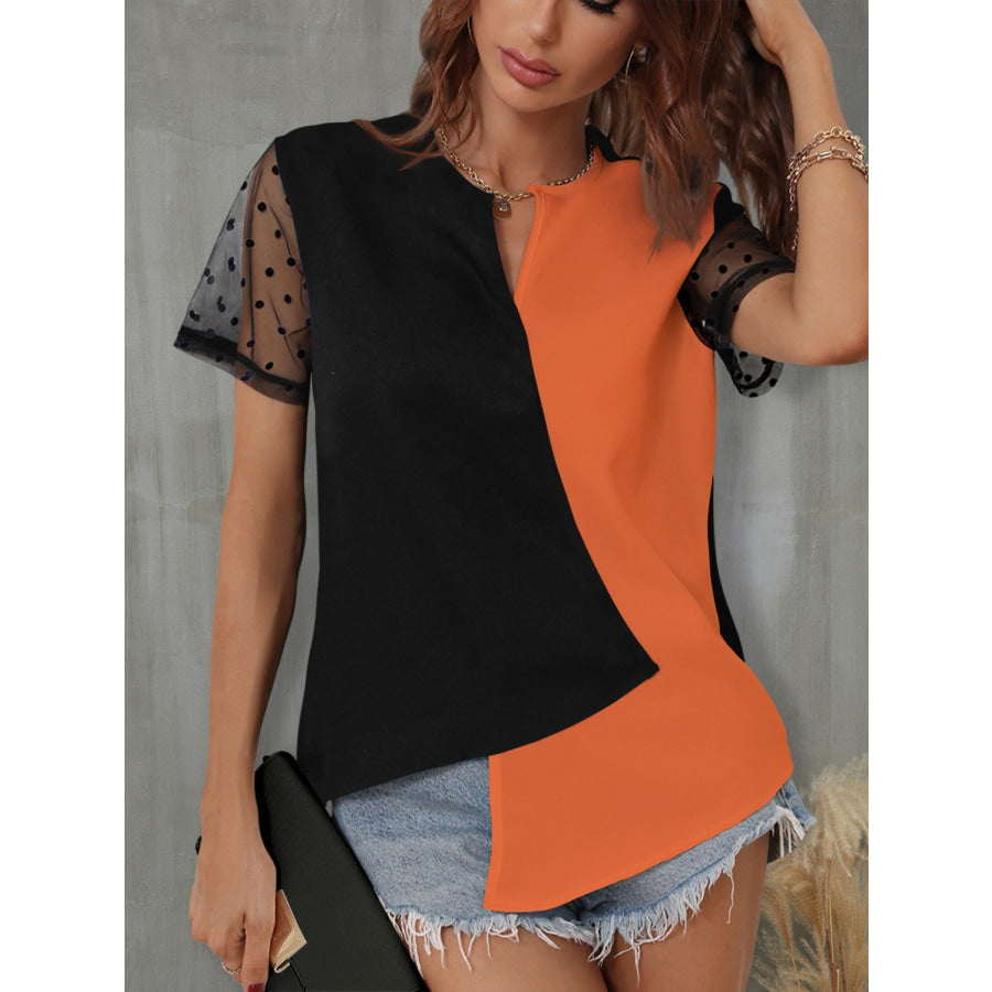 Color Block Notched Short Sleeve T - Shirt Terracotta / S Apparel and Accessories