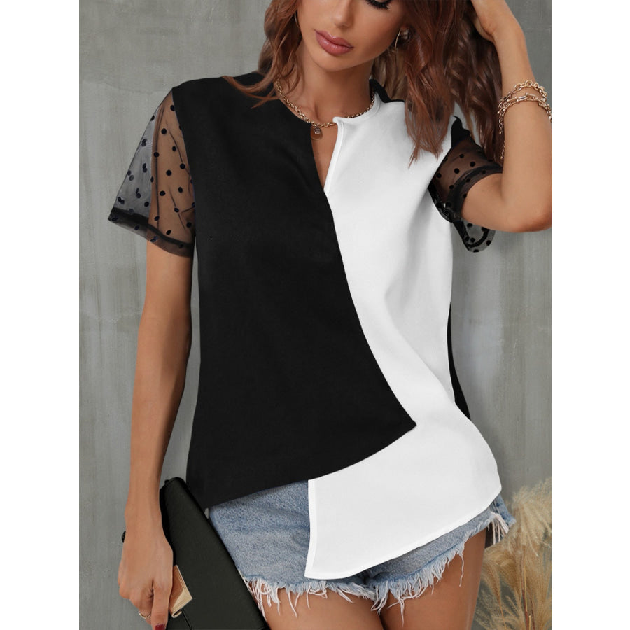 Color Block Notched Short Sleeve T - Shirt White / S Apparel and Accessories