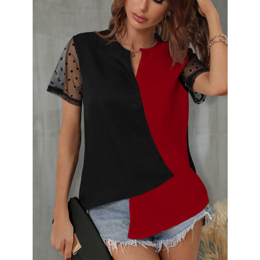 Color Block Notched Short Sleeve T - Shirt Wine / S Apparel and Accessories