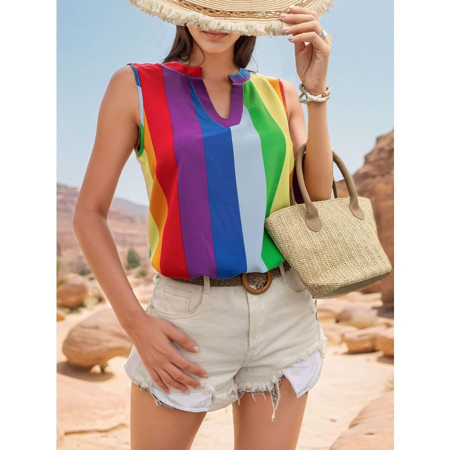 Color Block Notched Sleeveless Top Apparel and Accessories