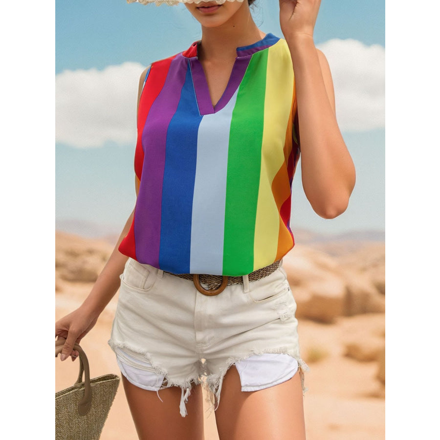 Color Block Notched Sleeveless Top Apparel and Accessories