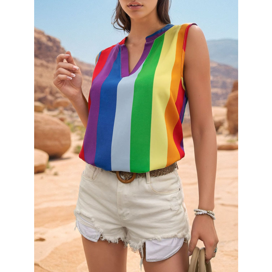 Color Block Notched Sleeveless Top Apparel and Accessories