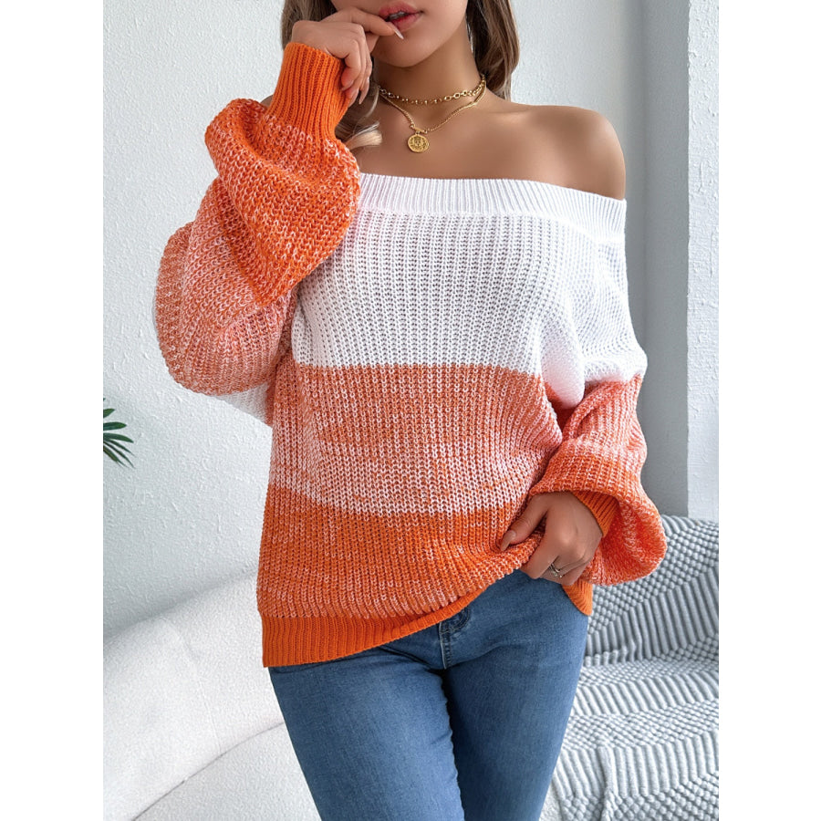Color Block Off-Shoulder Long Sleeve Sweater Orange / S Apparel and Accessories