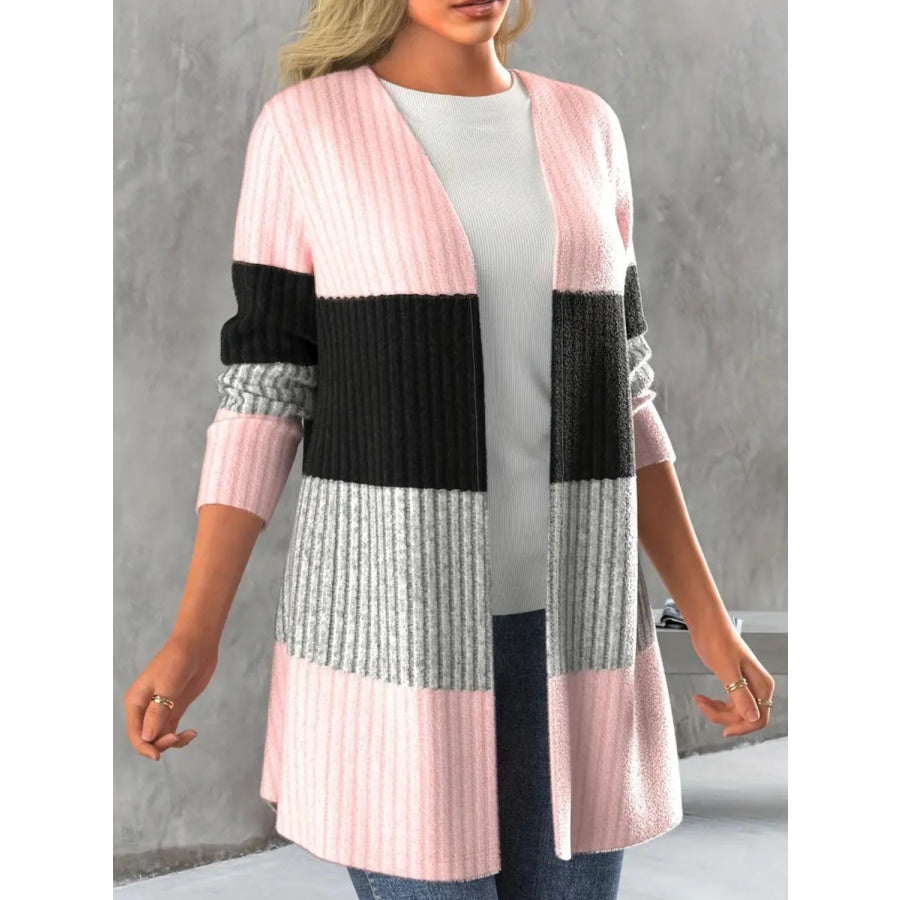 Color Block Open Front Long Sleeve Cardigan Apparel and Accessories