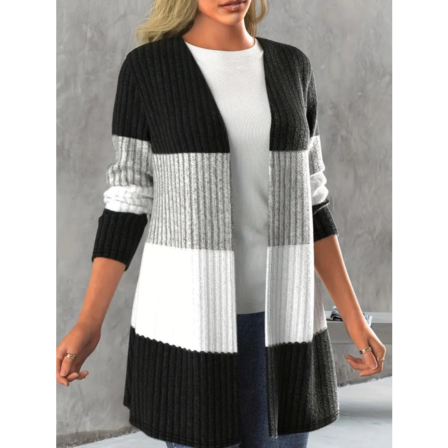 Color Block Open Front Long Sleeve Cardigan Apparel and Accessories