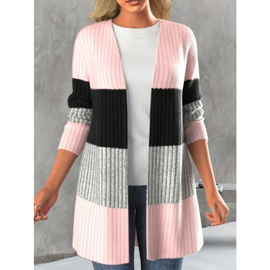 Color Block Open Front Long Sleeve Cardigan Blush Pink / S Apparel and Accessories