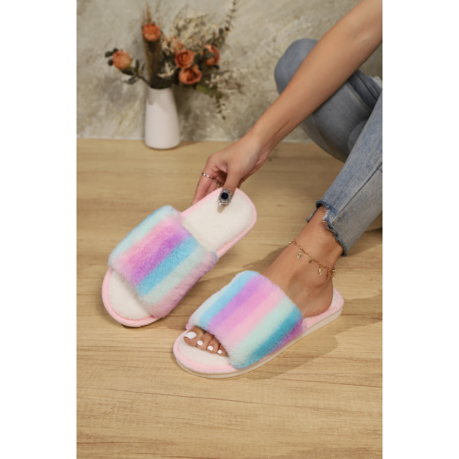 Color Block Open Toe Faux Fur PVC Slippers Apparel and Accessories