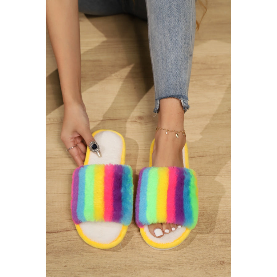 Color Block Open Toe Faux Fur PVC Slippers Apparel and Accessories