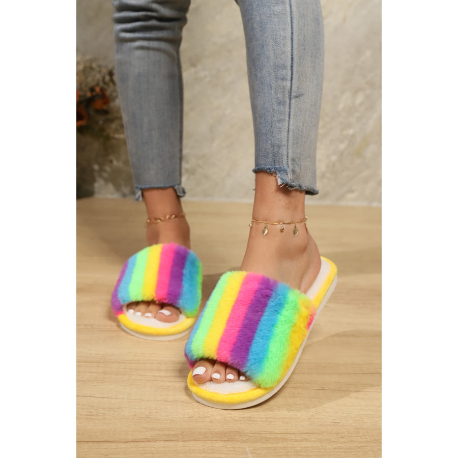 Color Block Open Toe Faux Fur PVC Slippers Yellow/Multicolor / 36-37(US5-6) Apparel and Accessories