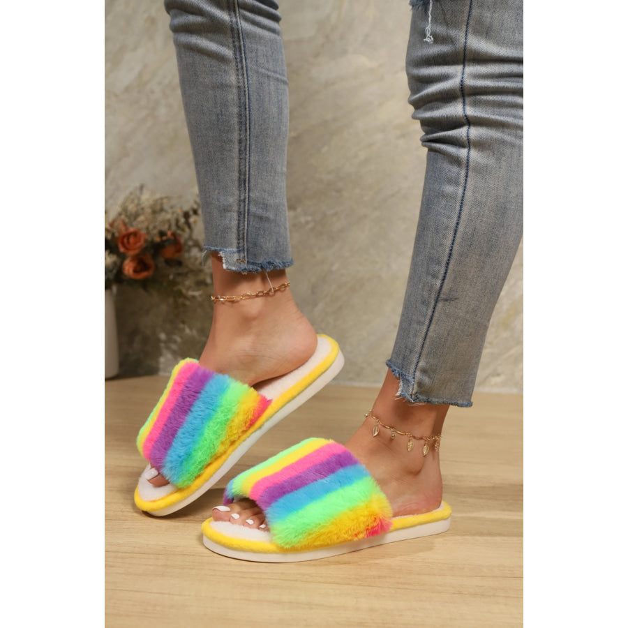 Color Block Open Toe Faux Fur PVC Slippers Apparel and Accessories